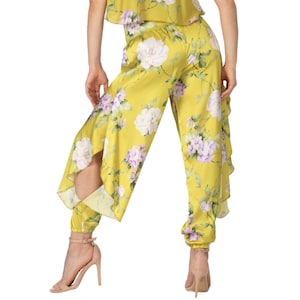 Floral satin Tango dance pants with ruffled slits, Colorful blossom harem style Babucha pants, Rumba performance pants with gathered ankles