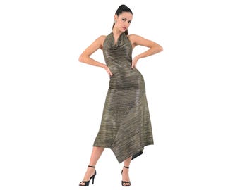 Metallic pleated midi asymmetric Tango dance dress