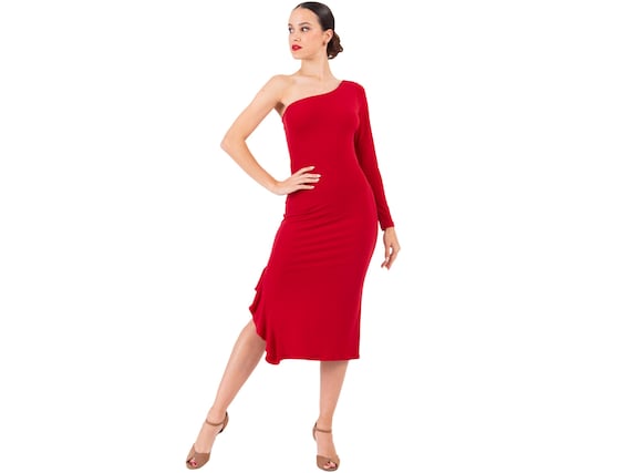 Latin practice dress, Argentine Tango dance dress, One side ruffle midi dress, One long sleeve pencil dress, Elegant elastic fitted dress Latin practice dress, Argentine Tango dance dress, One side ruffle midi dress, One long sleeve pencil dress, Elegant elastic fitted dress