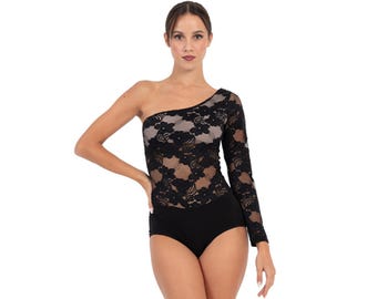 May include: Black one-shoulder lace bodysuit with long sleeves. The lace is sheer and has a floral pattern. The bodysuit has a fitted silhouette.