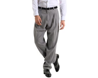 Tango dance men's pants, Light gray trousers with four pleats, Wide leg pants with tapered ankles, Latin performance pants, Salsa show pants