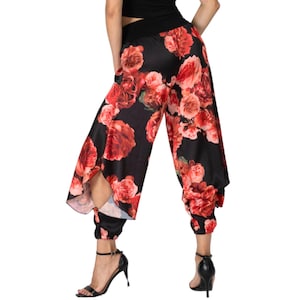 Flower print satin Tango dance pants with ruffled slits, Spanish red rose print harem style Latin practice pants, Babucha dance floral pants