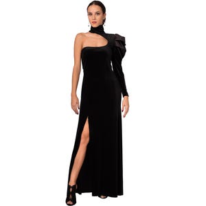 Maxi Samt Abendkleid, Elegantes formelles Kleid, Puff Schulter langes Kleid, Voluminöses Langarm Kleid, Rollkragen Samt Kleid