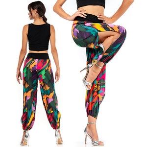 Social dancing practice pants, Argentine Tango pants, Comfy colorful satin pants, Bachata dance pants, Multicolor gathered ankle pants