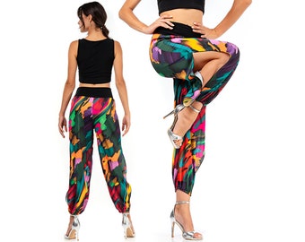 Pantalon d'entraînement de danse sociale, pantalon de tango argentin, pantalon confortable en satin coloré, pantalon de danse bachata, pantalon froncé multicolore à la cheville