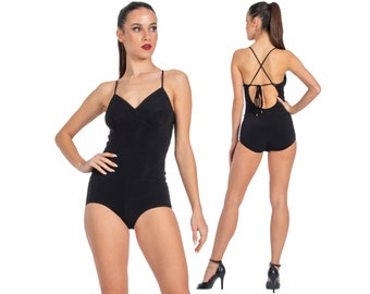 Argentine Tango dance bodysuit, V neck bodysuit with spaghetti straps, Crisscross tie back bodysuit, Salsa practice bodysuit