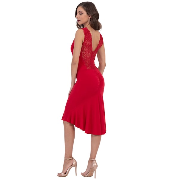 Vestido de baile de tango argentino con espalda de encaje abierta y escotada, vestido ajustado para presentaciones de salsa con cola de sirena corta, vestido de escote en V con encaje para espectáculos latinos