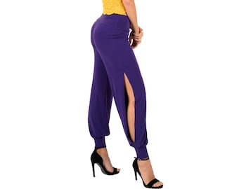 Women&#39;s Tango pants, Side slit pants, Ladies Ballroom dance pants, Latin dance pants, Babucha practice pants, Comfortable ankle cuff pants