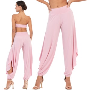 Pantalones de práctica de tango para mujer, pantalones Harem con aberturas laterales altas, pantalones de baile latino para mujer, cómodos pantalones de tobillo recogidos, pantalones de milonga