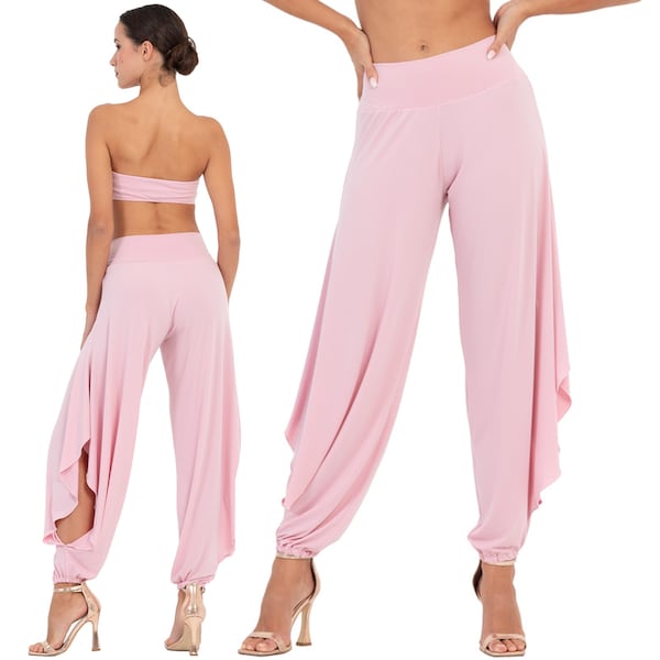 Pantalon d'entraînement de tango pour femme, sarouel avec fentes latérales hautes, pantalon de danse latine pour femme, pantalon froncé confortable à la cheville, pantalon milonga