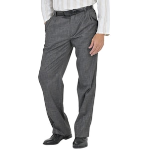 May include: A pair of gray dress pants with a subtle pattern. The pants have a belt loop and a front pleat.
