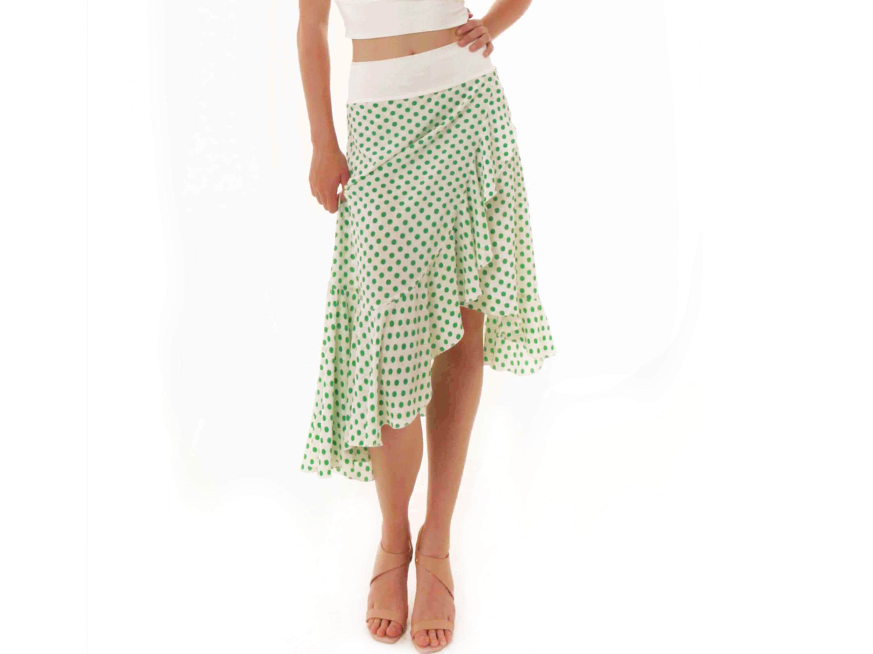 Waltz dance skirt, Argentine Tango skirt, Side wrap printed skirt, Social dancing skirt, Midi bright green skirt, Ruffle summer casual skirt
