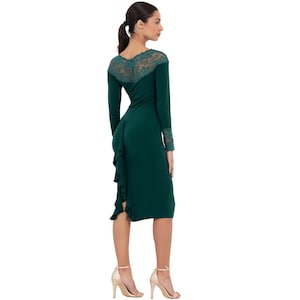 Tango performance pencil dress with back ruffles, Latin dance bodycon long sleeve dress, Rumba dress with lace décolletage and sleeve cuffs