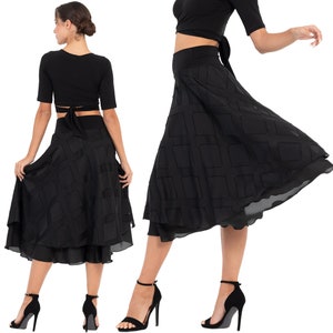 Argentine Tango skirt, Ballroom Waltz dance skirt, Swing performance skirt, Black 3D relief georgette skirt, Two layer airy fit skirt