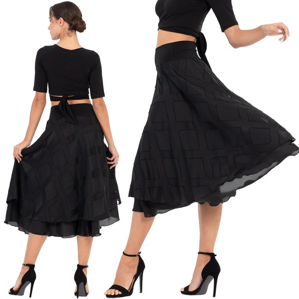 Jupe de tango argentin, jupe de danse valse de salon, jupe de performance swing, jupe noire en georgette en relief 3D, jupe aérée à deux épaisseurs
