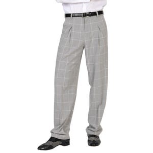 May include: Light gray plaid trousers with a white grid pattern. The pants have a pleated front and a black belt. The person is wearing black and white shoes. The trousers are part of a formal wear ensemble.