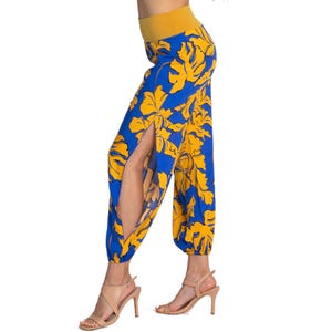 Blue and yellow leaf print Tango dance pants, Vibrant colorful tropical print Babucha pants, Stretch waist pants with gathered ankle cuffs