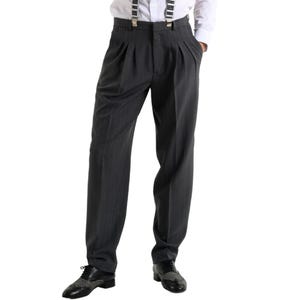 May include: A pair of black pinstriped dress pants with pleats and a high waist. The pants are worn with a white shirt and suspenders.