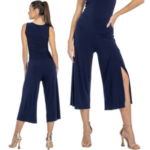 Tango dance pants, High side slit capri pants, Wide wrap cropped culottes, Women's activewear bottoms, Salsa practice pants, Loose leg pants