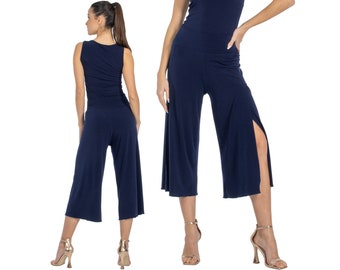 Tango dance pants, High side slit capri pants, Wide wrap cropped culottes, Women's activewear bottoms, Salsa practice pants, Loose leg pants