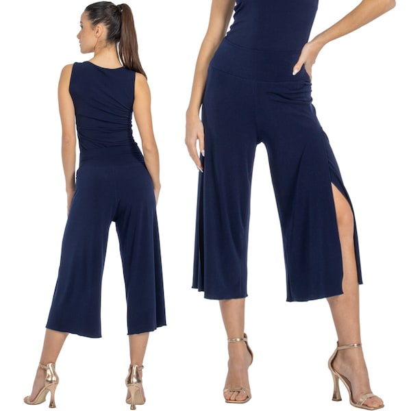 Tango-Tanzhose, Capri-Hose mit hohem Seitenschlitz, weit geschnittene Culottes, Damen-Tanzhose, Salsa-Übungshose, Hose mit weitem Bein