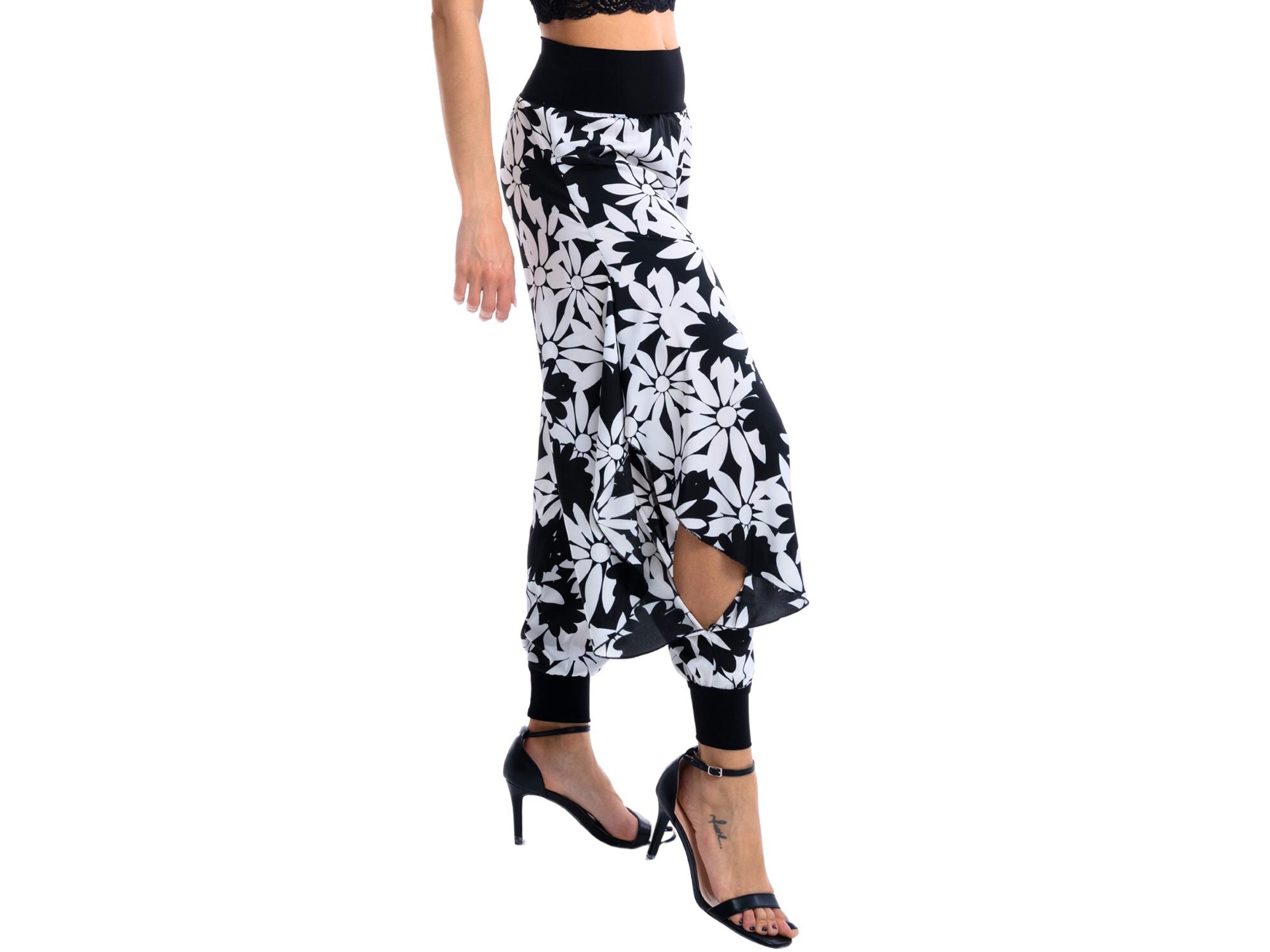 Argentine Tango dance floral satin pants with slits, Latin practice stretch waist pants, Women's harem style Salsa pants with ankle cuffs