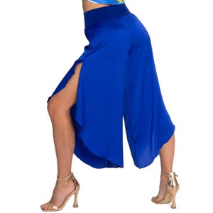 Asymmetric cropped satin Tango dance pants, Salsa performance airy fit capri pants, Latin practice loose leg pants with stretch waist