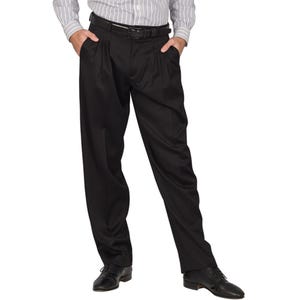 May include: Black pleated pants with a belt.