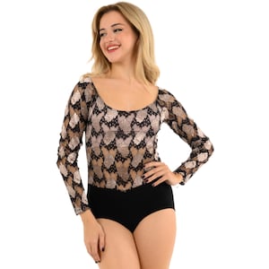 Argentine Tango dance bodysuit, Metallic mesh lace bodysuit, Shiny embroidered lace bodysuit, Latin performance bodysuit, Ballroom bodysuit