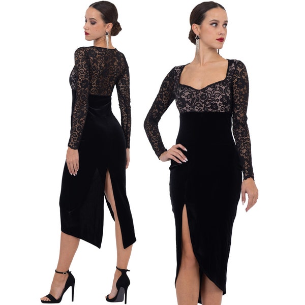 Robe en velours noir avec haut en dentelle, robe de tango argentin, robe ajustée en velours avec fente incurvée, robe de spectacle latine, robe de danse à manches longues