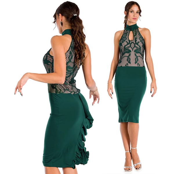 Robe de danse rumba, robe en dentelle vert forêt, robe de tango argentin, robe goutte d'eau sur le devant, robe boutonnée à col montant, robe moulante à volants dans le dos