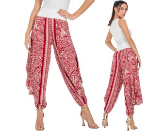 Women's Tango pants, Red mandala and paisley printed pants, Ladies Latin dance pants, Salsa practice pants, Harem loose leg pants with slits