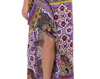 アルゼンチンタンゴスカート、カラフルなミックスプリントのサテン