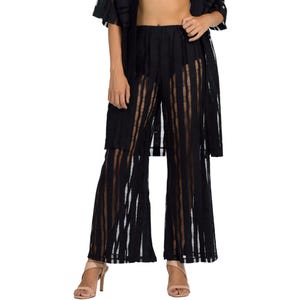 Black sheer striped pants, Swimwear cover up pants, Wide leg see through pants, Loose leg mesh pants, Black transparent beachwear pants