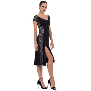 Argentine Tango dance bodycon dress with lace inserts, Latin performance tight fit dress with slit, Milonga show short sleeve dress