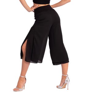 Argentine Tango dance pants, Black georgette airy pants, Social dancing practice pants, Two layer cropped culottes, Summer loose capri pants