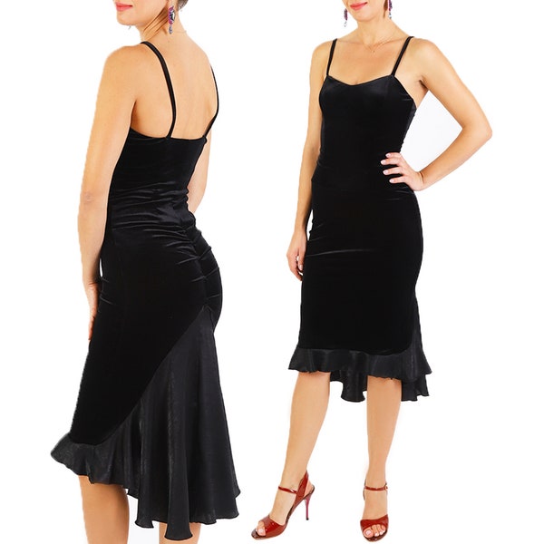 Robe de spectacle de salon, robe de danse asymétrique en velours, robe de tango argentin, robe milonga en queue de poisson, élégante robe en satin