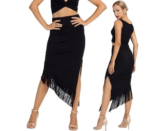 Argentine Tango show skirt, Bodycon midi fringe skirt, Paso Doble performance skirt, Classy fitted evening skirt, Ballroom dance skirt