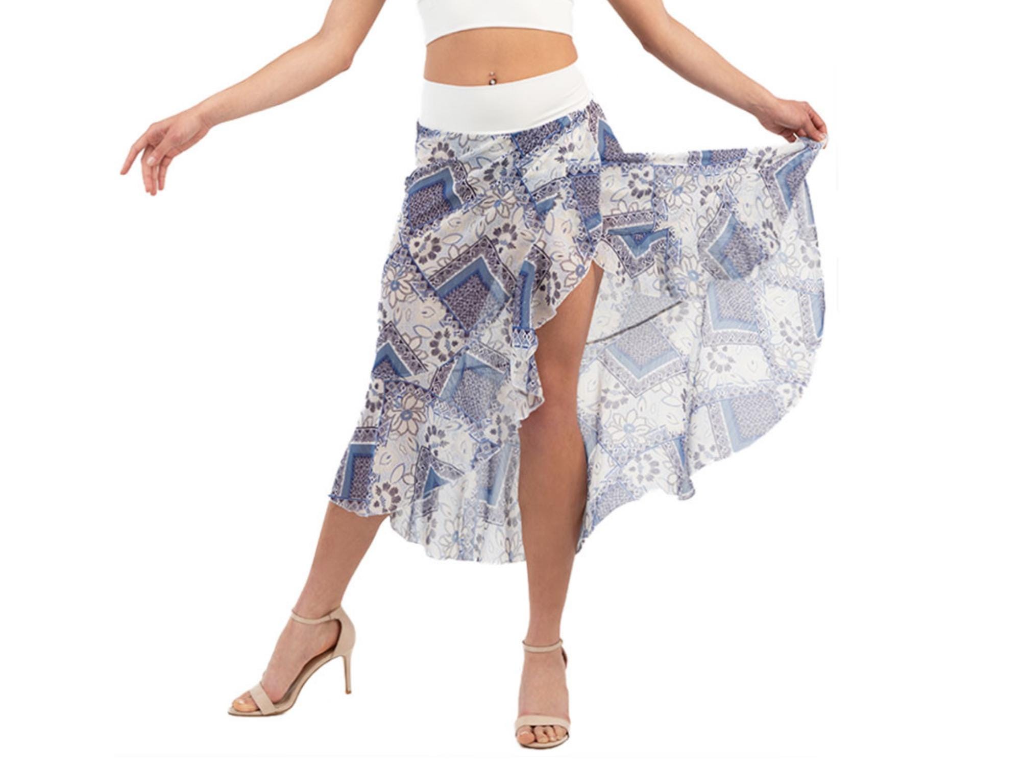 ブルーの磁器のような美しいタンゴラップスカート、フリル付きの