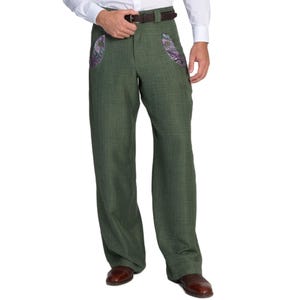 Moss green Argentine Tango dance pants with purple paisley details, Men&#39;s Samba performance pants, Men&#39;s evening pants with satin details