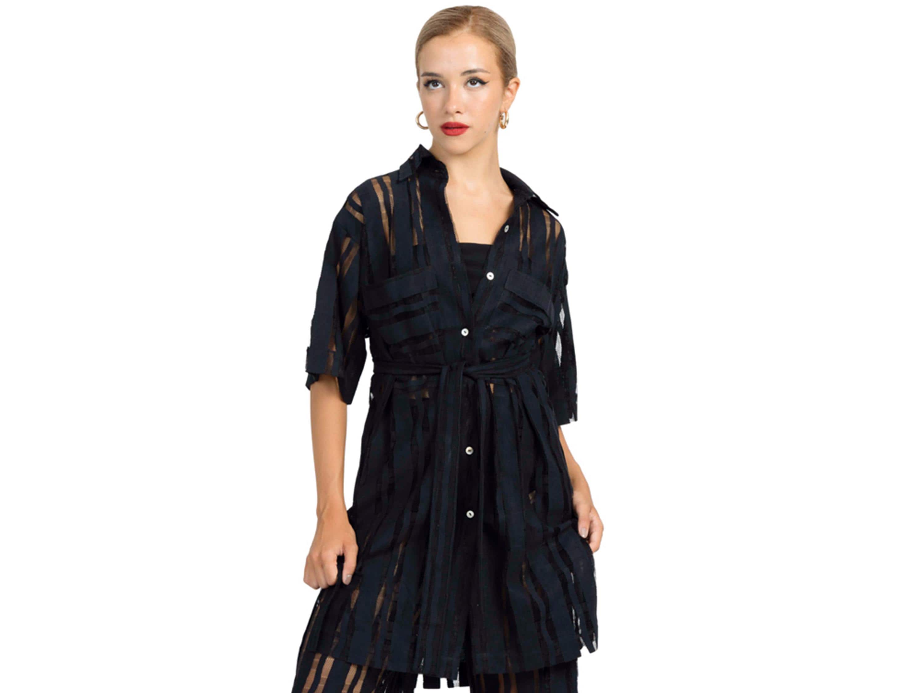 Black Sheer Striped Dress, Black See Through Shirtdress