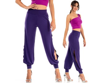 Pantalons de tango pour femmes, Pantalons avec fentes latérales, Pantalons de danse de salon pour femmes, Pantalons de danse latine, Pantalons d'entraînement Babucha, Pantalons confortables avec revers