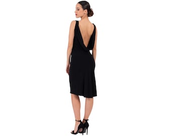 Draped low open back Tango performance dress with subtle back ruffles