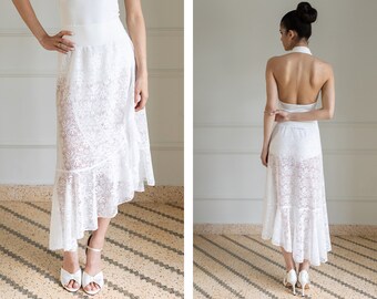 Asymmetric Flamenco lace skirt, White lace wrap skirt with ruffles, Argentine Tango skirt, After wedding dance skirt, Ballroom show skirt