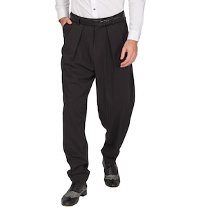May include: Black pinstripe pants with a pleated front and a belt.