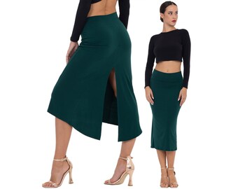 Argentine Tango dance skirt, Back high slit midi skirt, Latin performance skirt, Elastic bodycon jersey skirt, Milonga practice  skirt