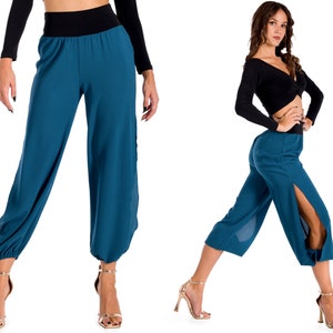 Tango practice pants, Comfortable loose leg pants, Social dancing pants, Bachata dance pants, Petrol blue gathered pants, High slit pants