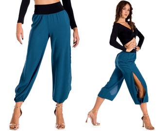 Pantalon d'entraînement de tango, pantalon ample confortable, pantalon de danse sociale, pantalon de danse bachata, pantalon froncé bleu pétrole, pantalon fendu haut