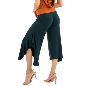 Argentijnse tangodansbroek, cropped broek met hoge splitten aan de zijkant, capribroek met ruches aan de zijkant, cropped culotte salsa, comfortabele broek met wijde pijpen