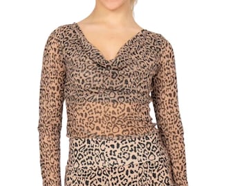 Leopard print mesh Tango top with draped neckline and long sleeves